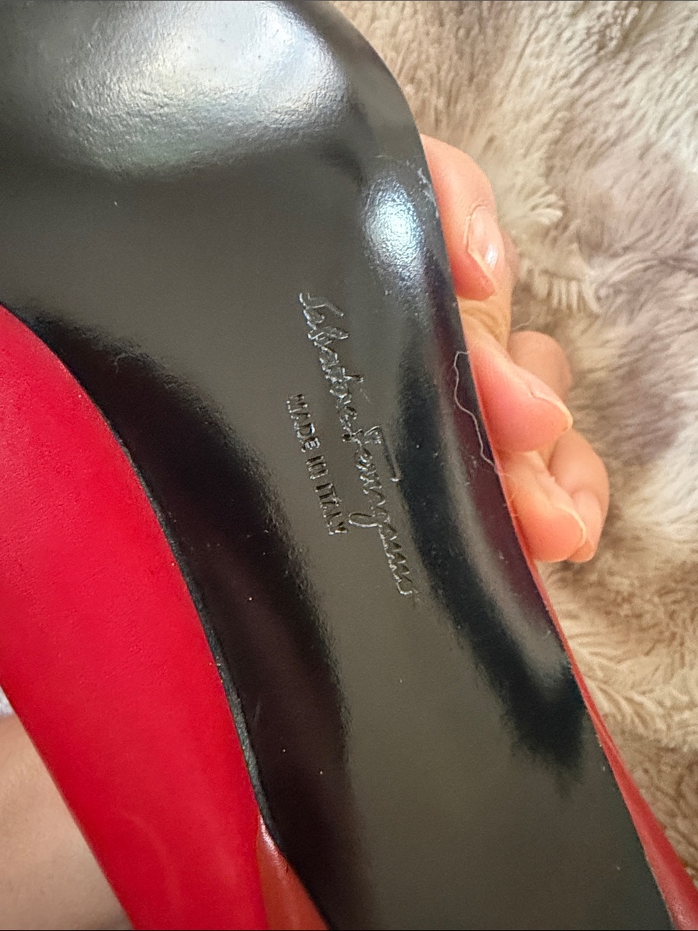 Vintage Salvatore Ferragamo Red and Brown Leather Square-Toe Flats with Buckle - Picture 5 of 6